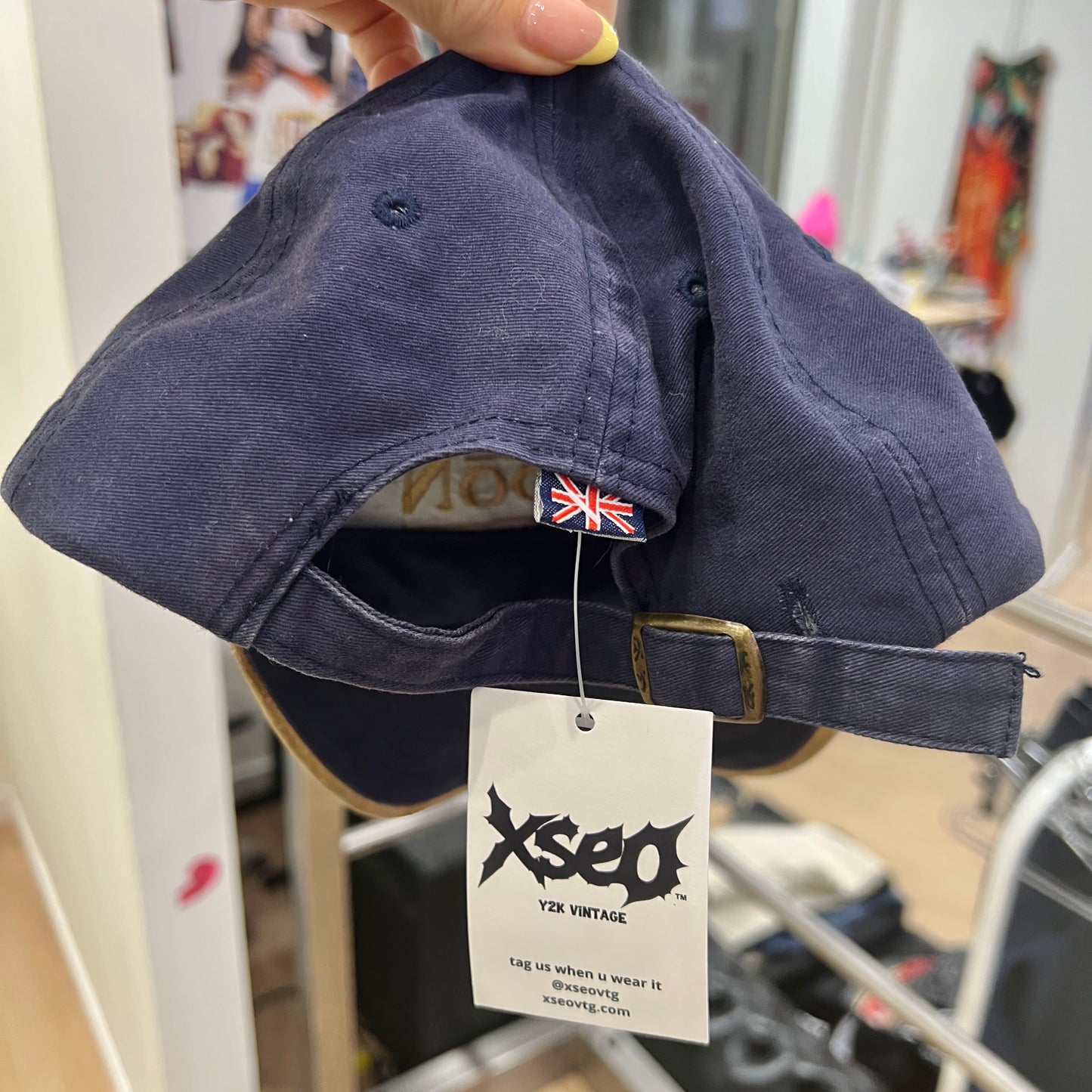 navy blue london union jack baseball cap with tan faux suede visor
