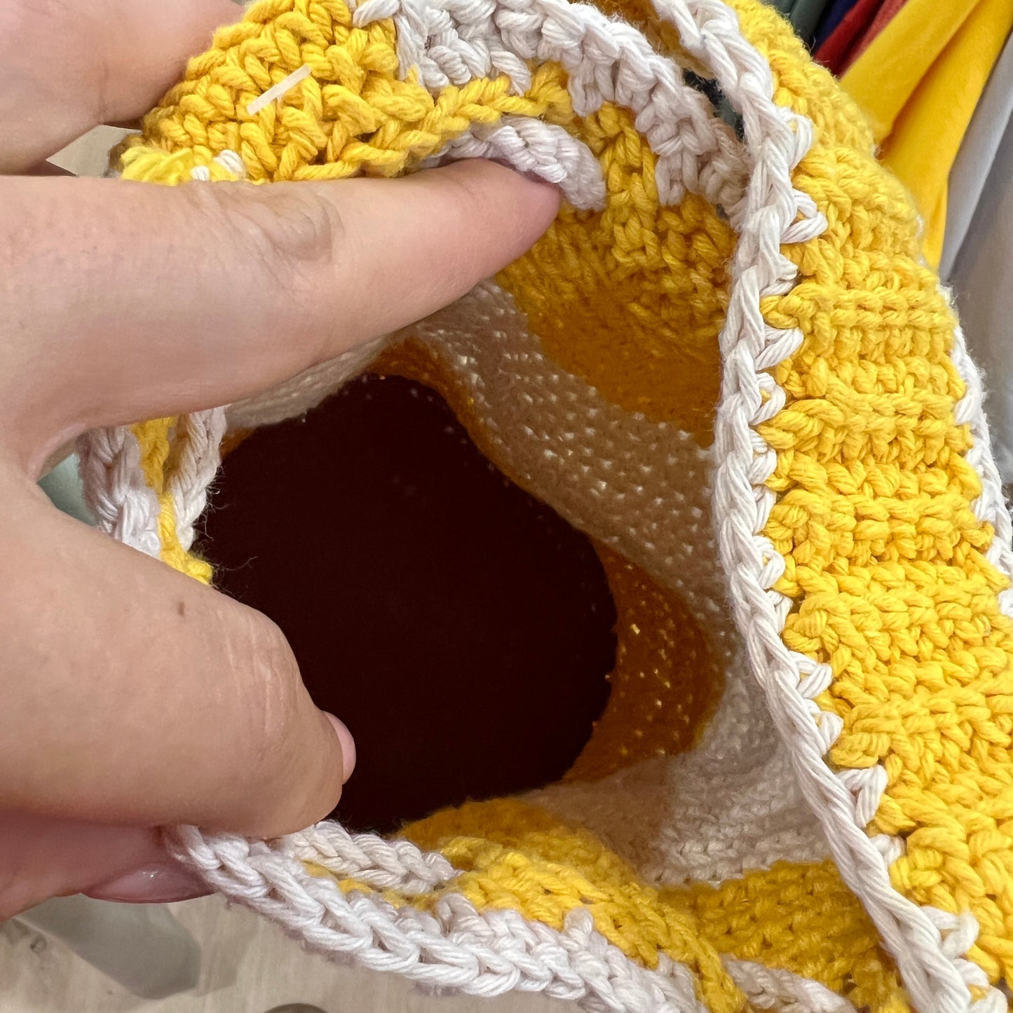 yellow white crochet bucket bag with flower