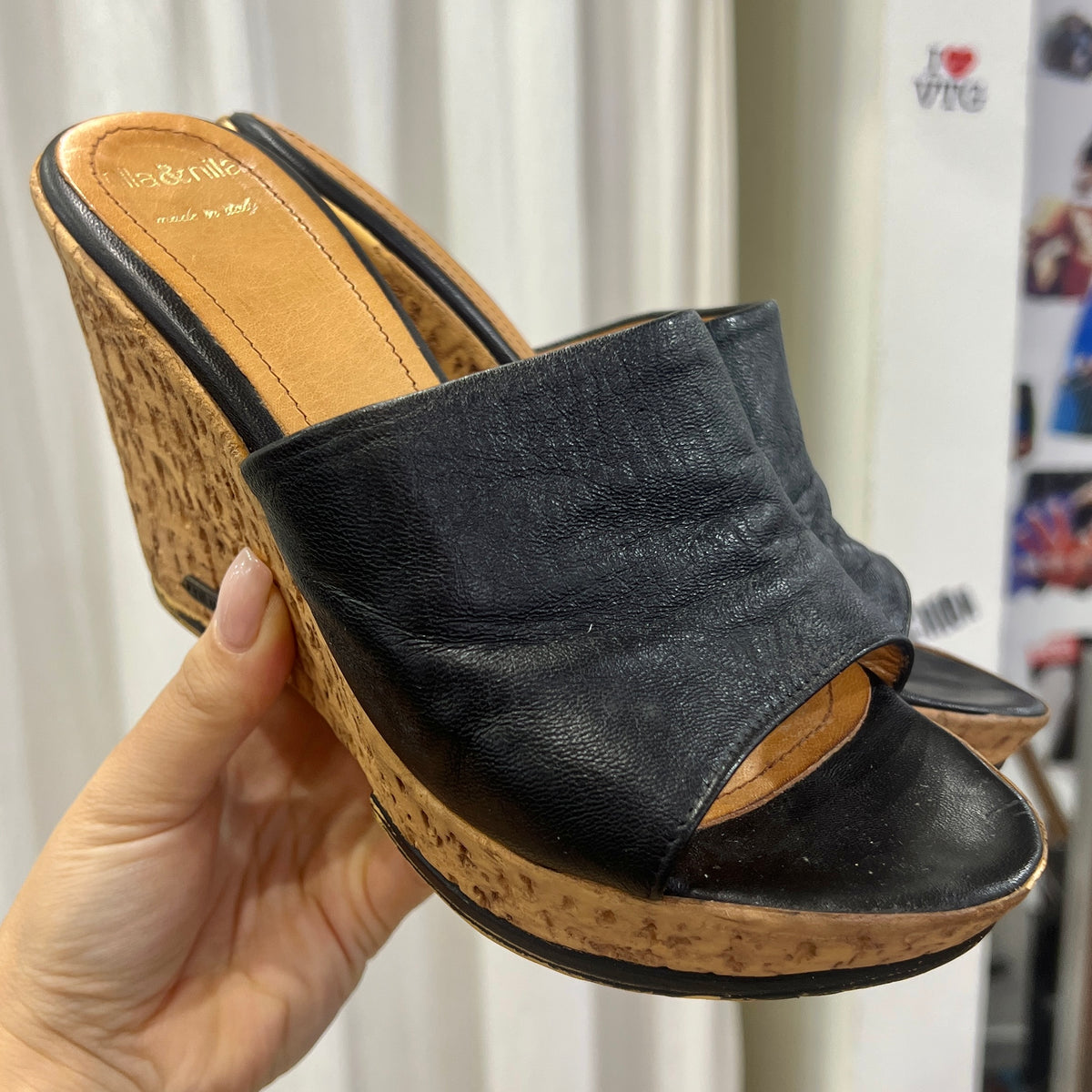 nila&nila black leather cork platform heel sandals