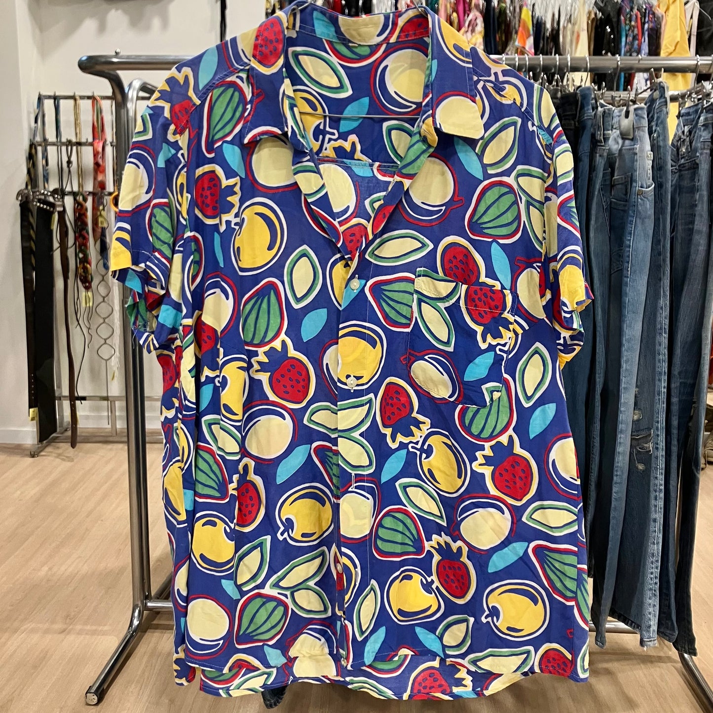 90s blue short sleeve shirt with yellow red fruit print