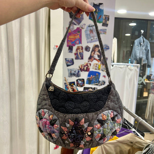 grey black quilted patchwork shoulder bag with pink flowers
