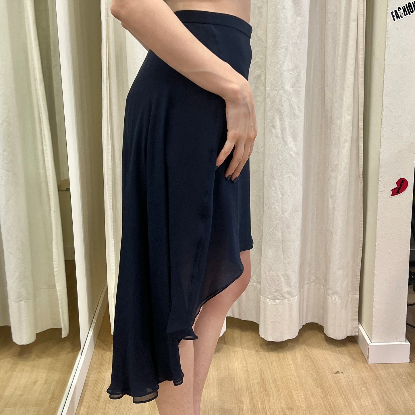 ysl rive gauche 90s navy blue asymmetrical cut silk skirt