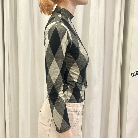 00s black cream argyle roll neck top with gold thread