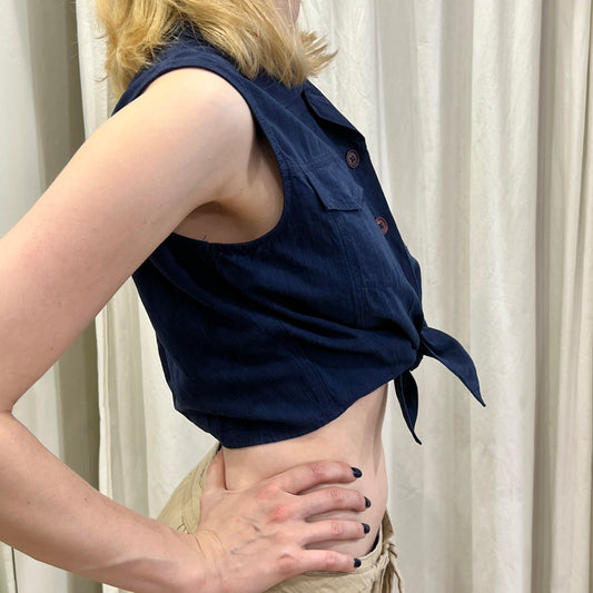germano zama 00s navy blue linen silk crop sleeveless shirt