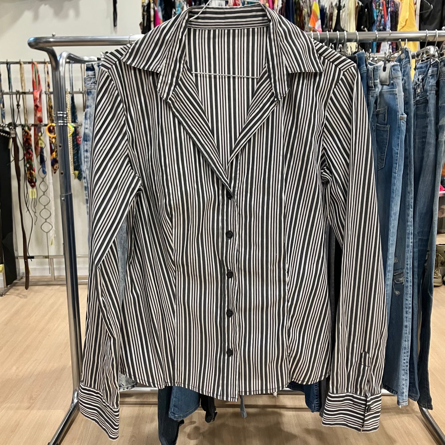 grey black striped long sleeve shirt