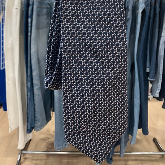 valentino 90s navy blue silk tie with light pink geometric pattern