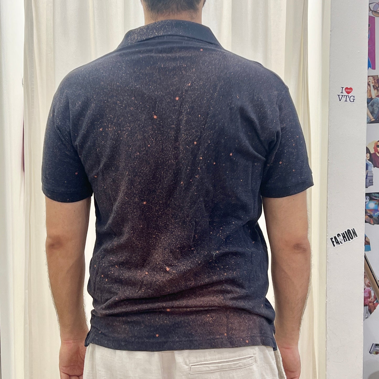 reworked navy blue polo tshirt with island sunset bleach print