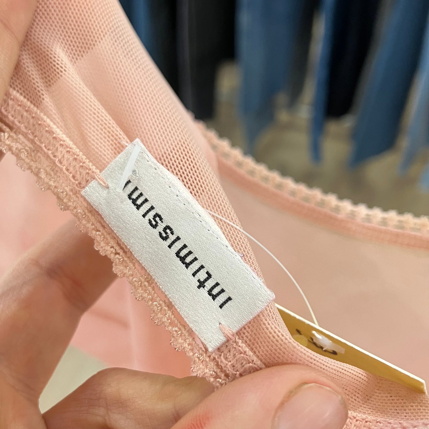 Close-up of hand holding pink lace mesh garment with Intimissimi label