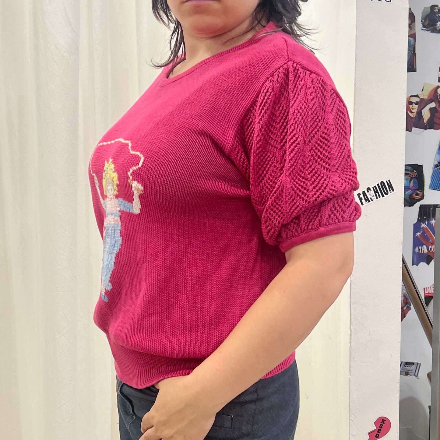 filo di arianna 90s fuchsia short sleeve knit sweater with girl skipping rope embroidery