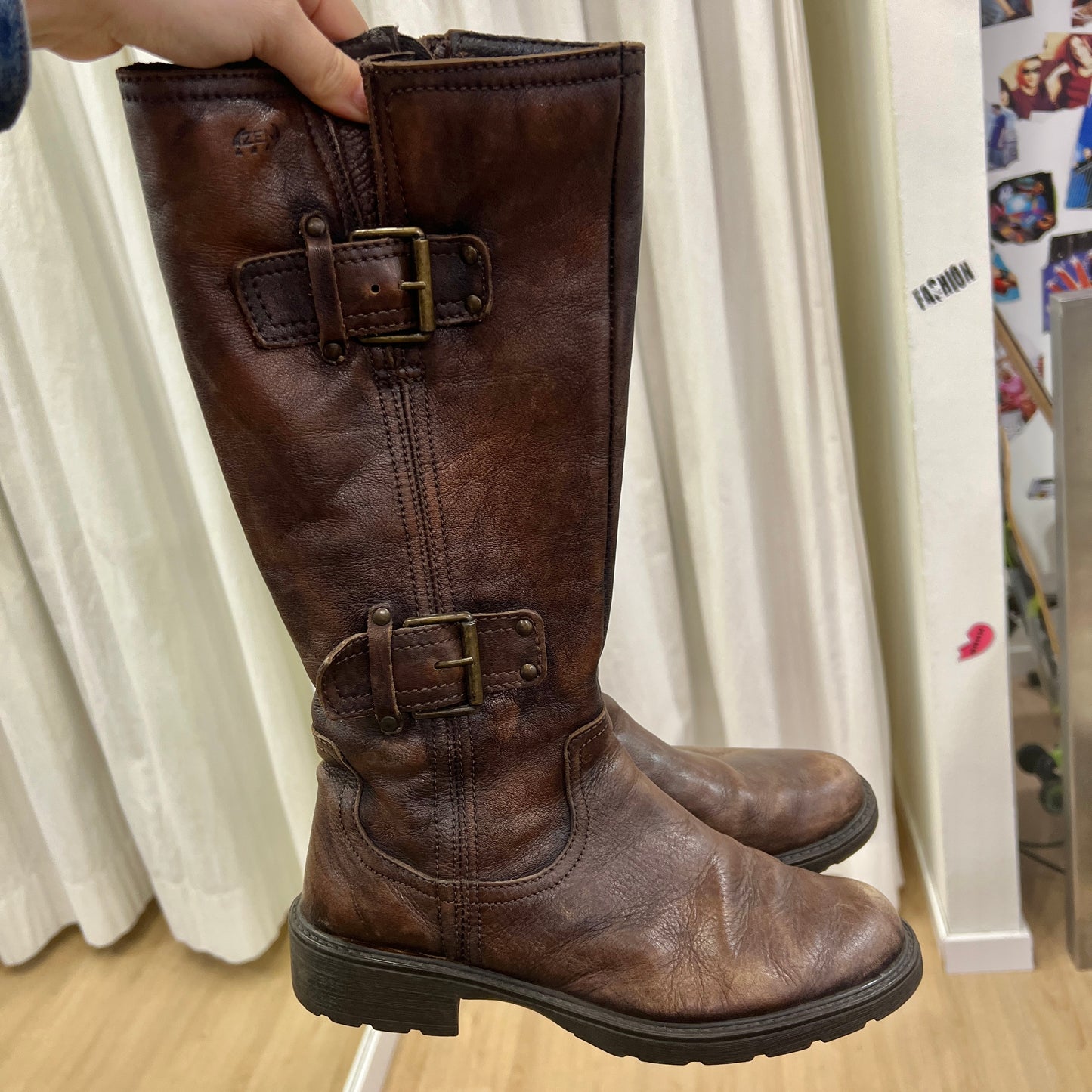 zen 00s brown leather knee high boots with buckles