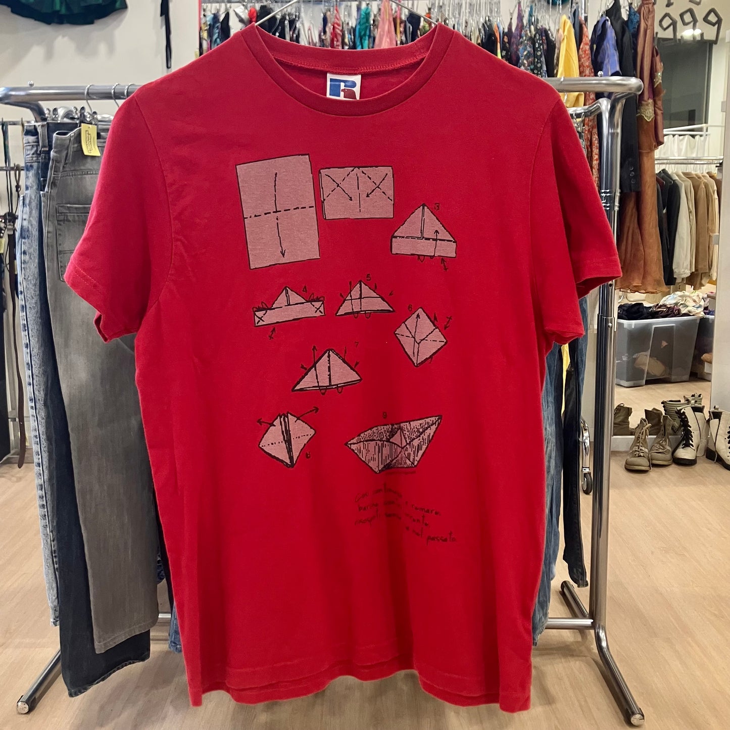 russell 00s red tshirt with paper boat design