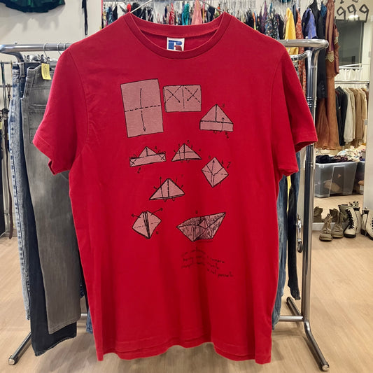 russell 00s red tshirt with paper boat design