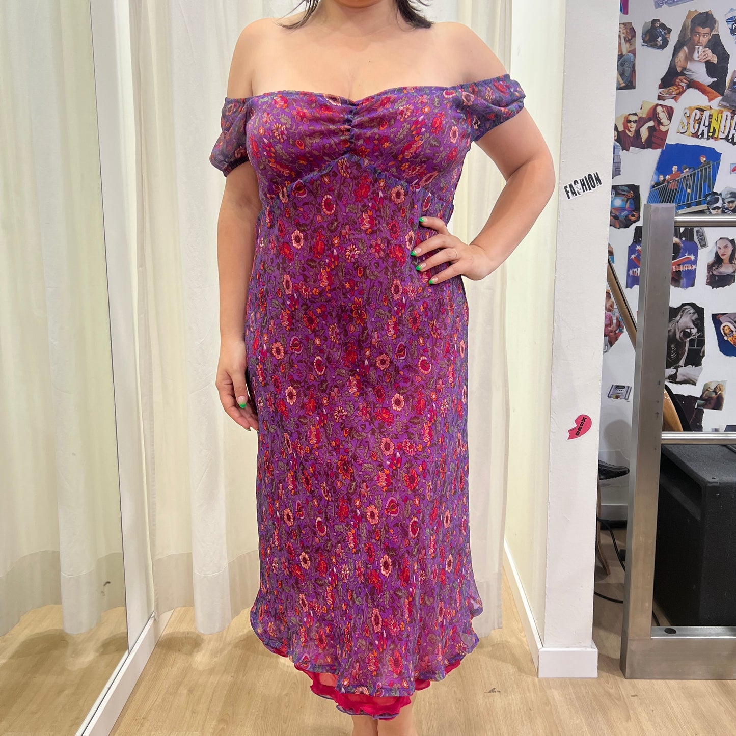 00s purple silk off the shoulder midi floral dress