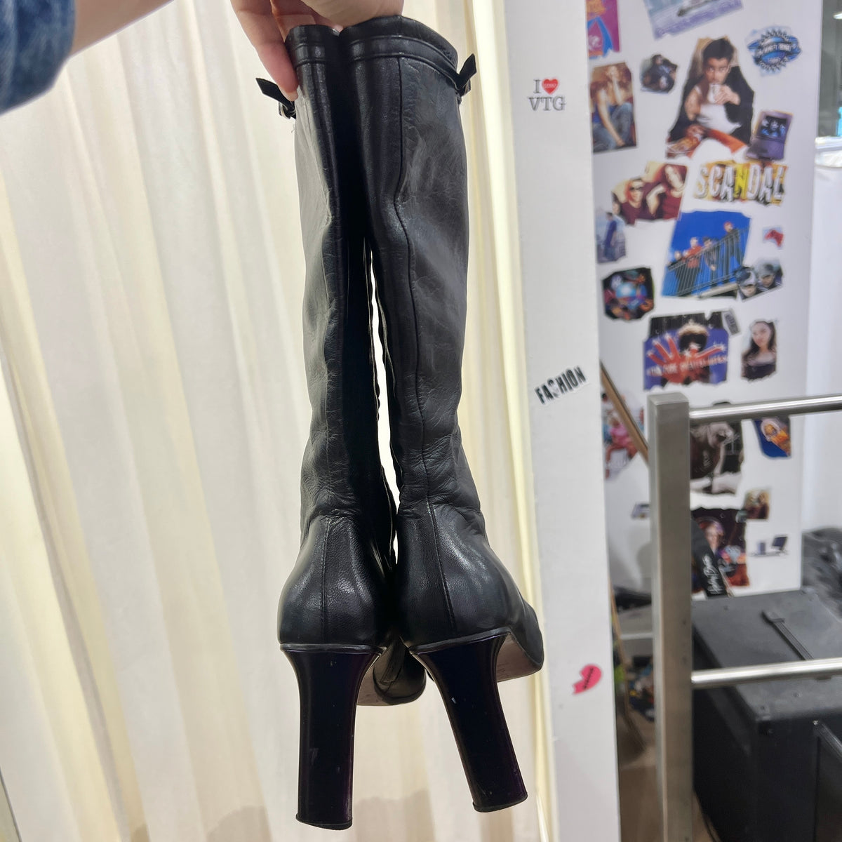 vibram black mid calf high heel leather pointy boots