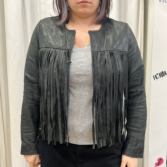 please '10s black leather jacket with fringes