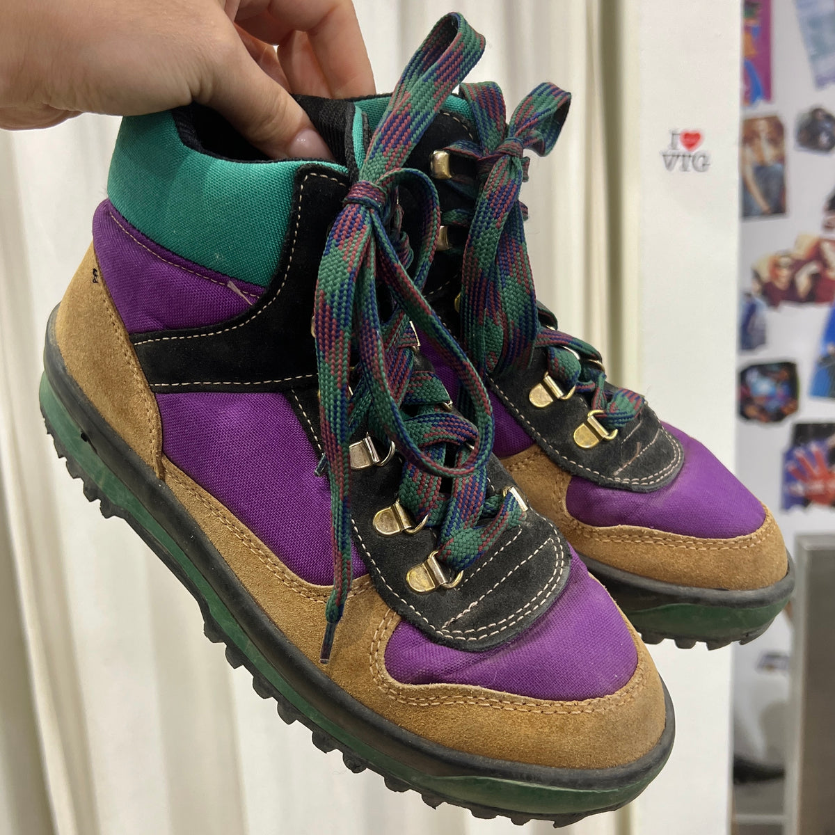 emmevi trekking 90s purple green tan lace up trekking boots