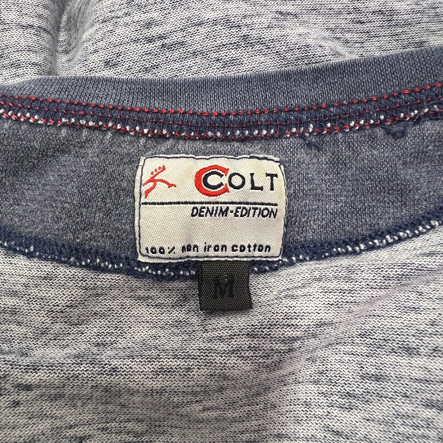 colt denim 00s washed navy blue long sleeve top with red logo