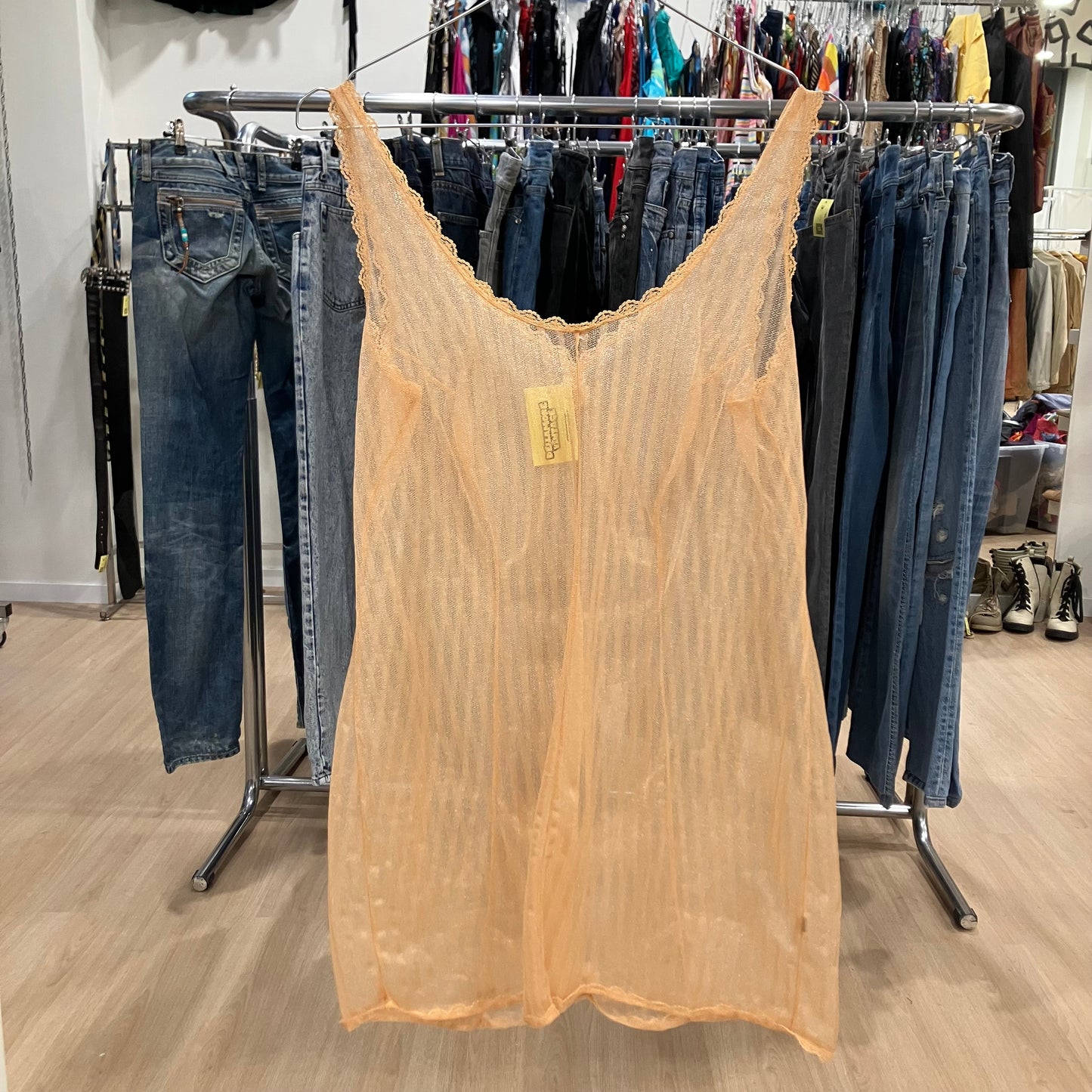 charmor 90s nude sheer pinstripe slipdress with lace trim