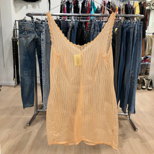 charmor 90s nude sheer pinstripe slipdress with lace trim