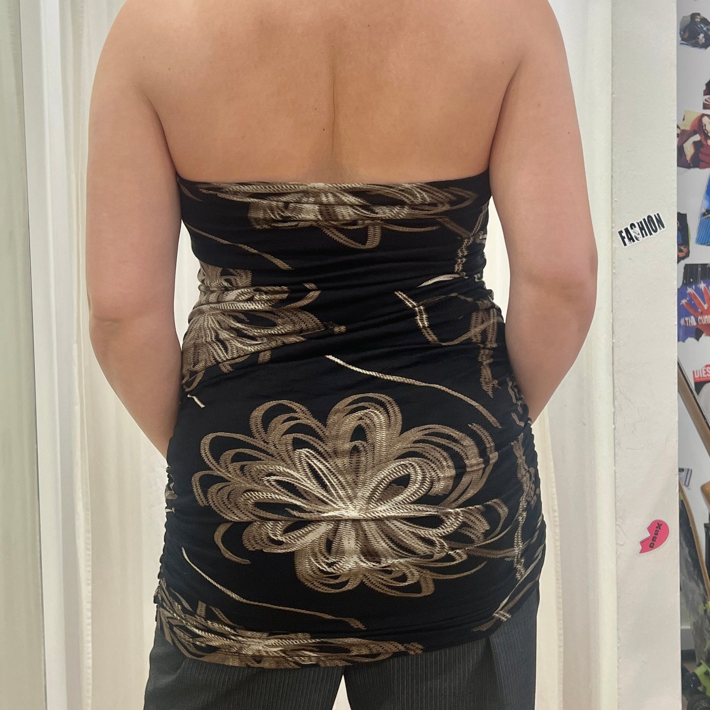 rita bertozzi 00s brown tube sinched bodycon minidress with beige floral print