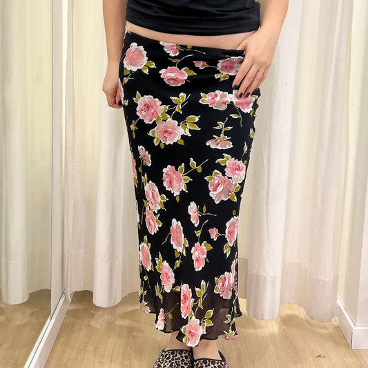 00s black midi skirt with pink roses
