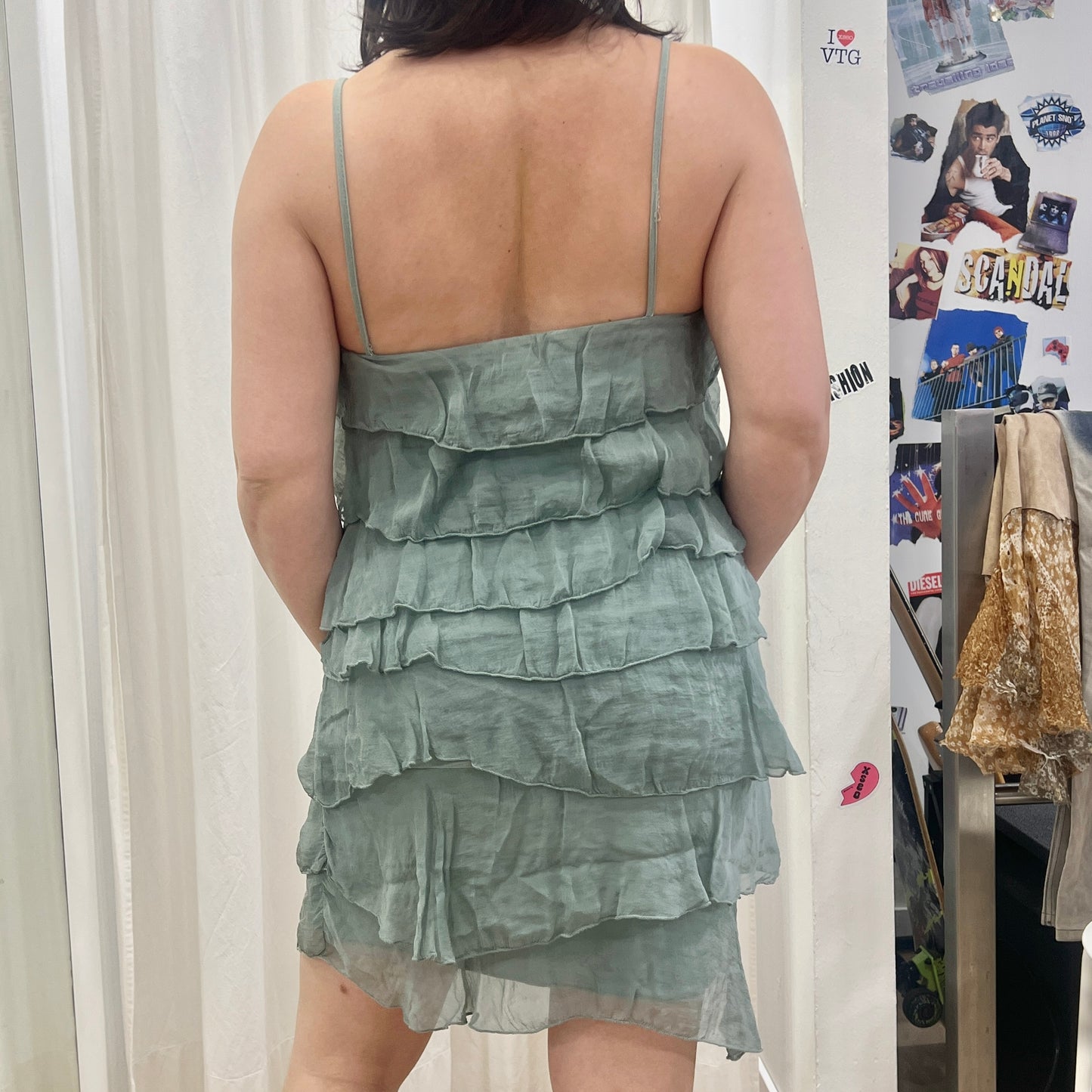 00s aqua silk ruffle minidress with spaghetti straps
