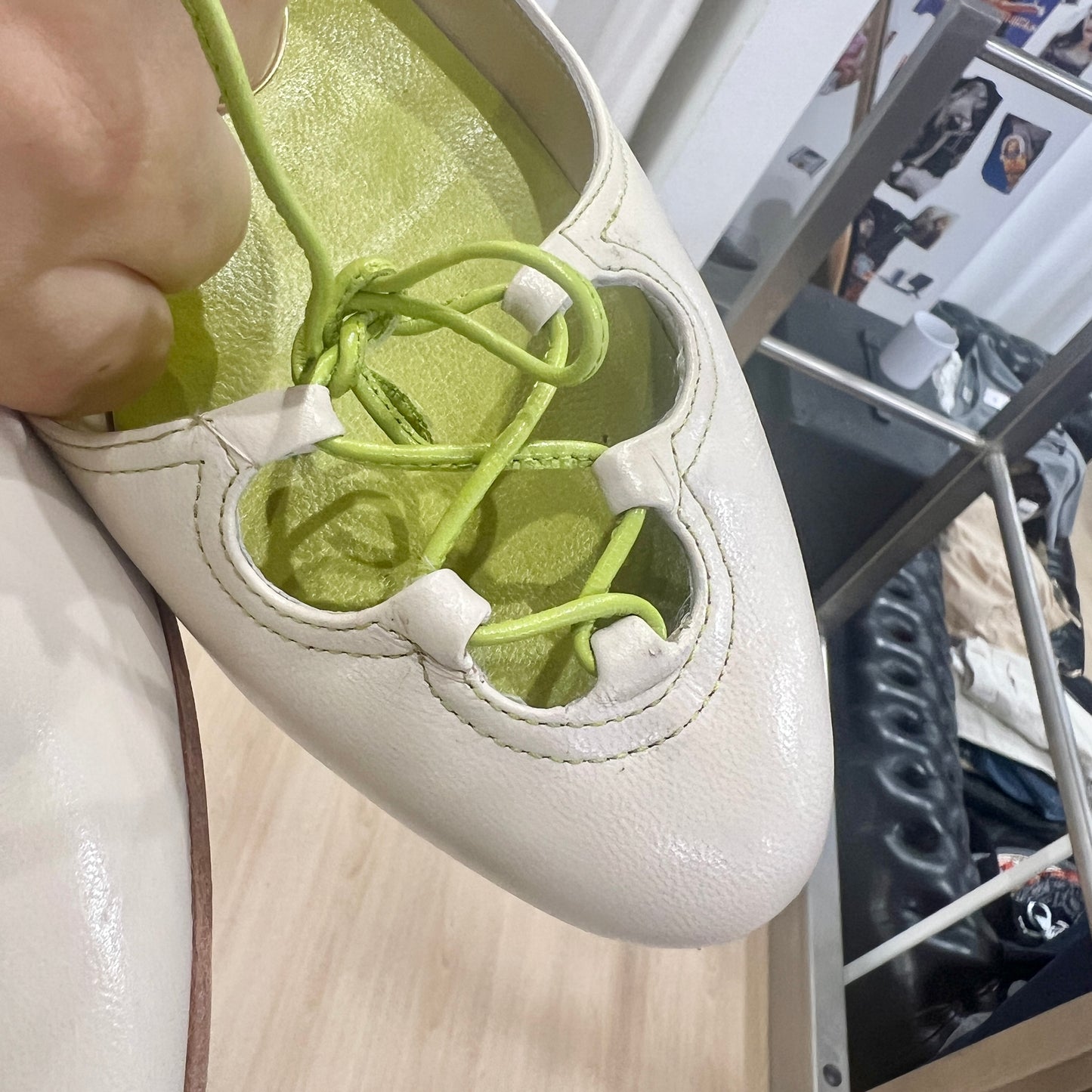 mila schon white leather lime green interior ballet flats