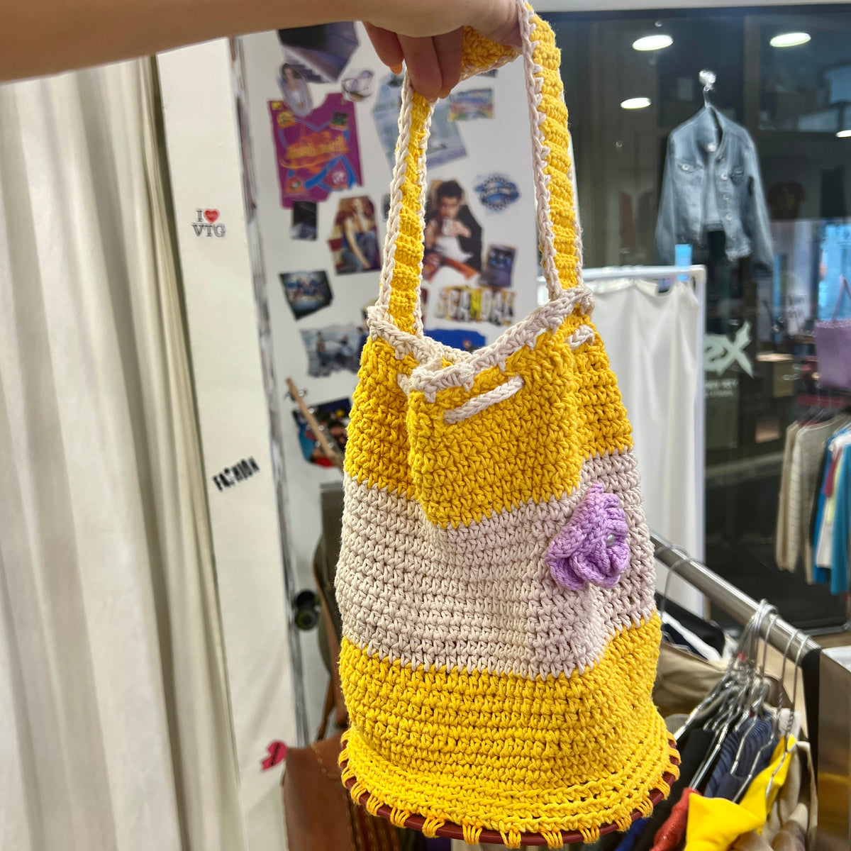 yellow white crochet bucket bag with flower