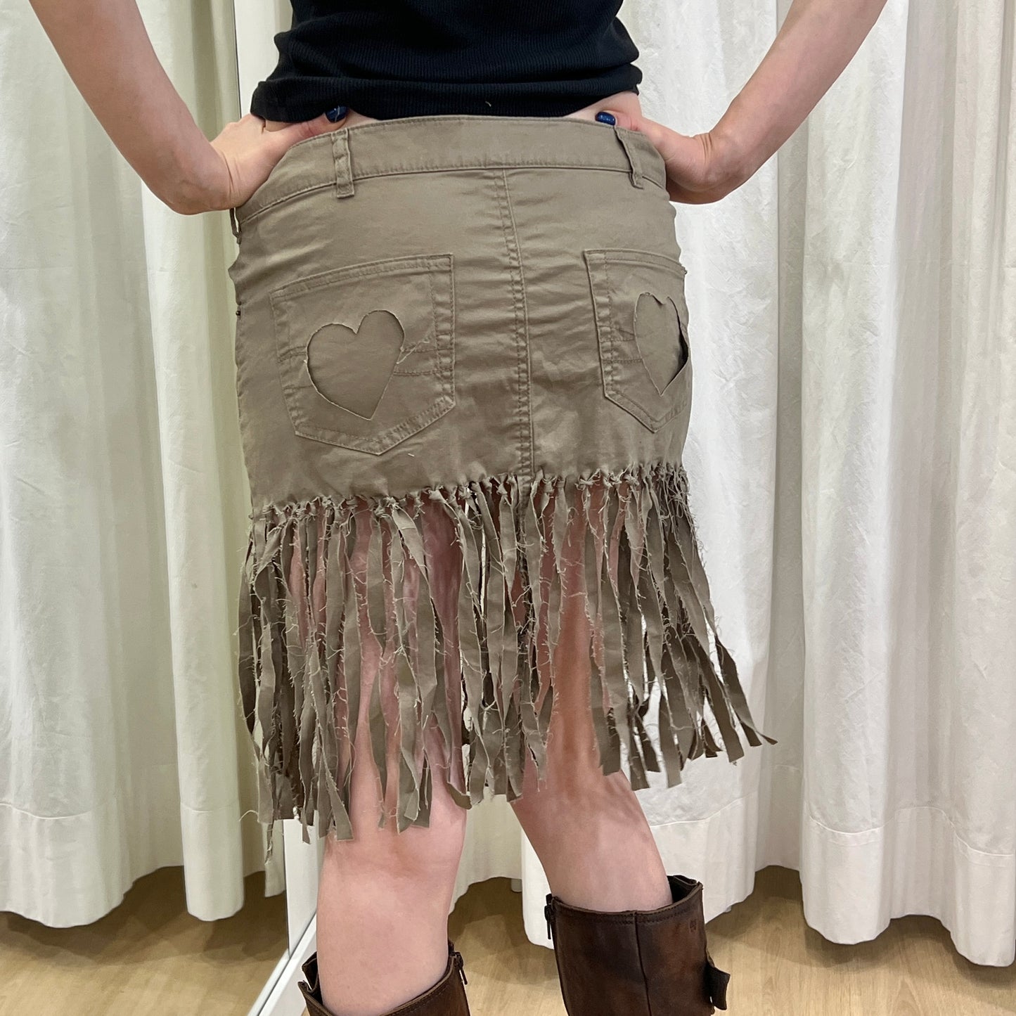reworked brown denim midi skirt with fringes and heart cut outs