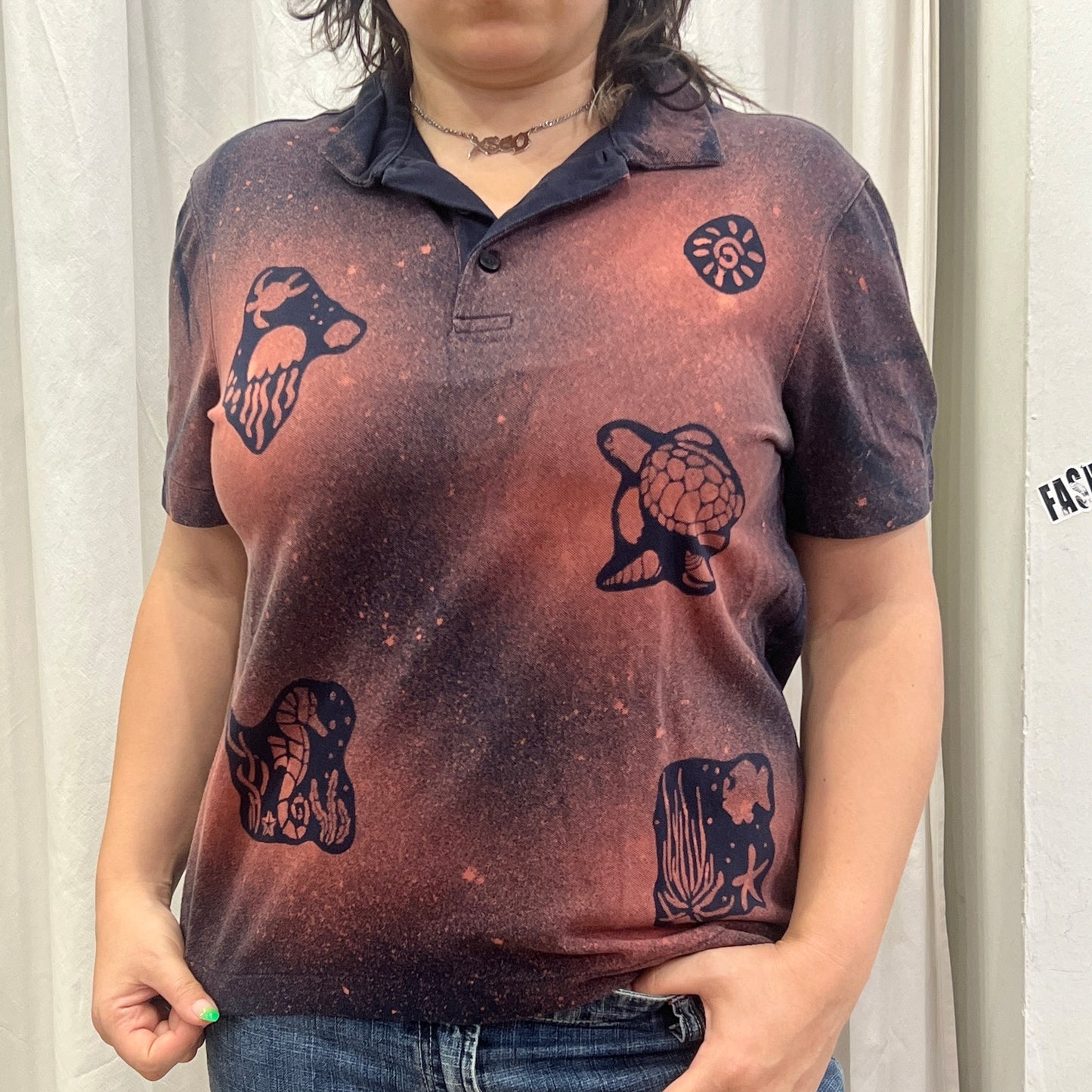 reworked navy polo tshirt with under the sea creatures bleach print