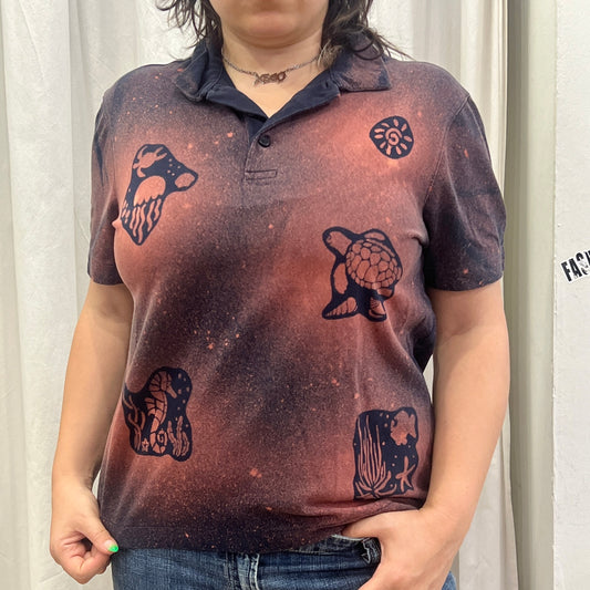 reworked navy polo tshirt with under the sea creatures bleach print