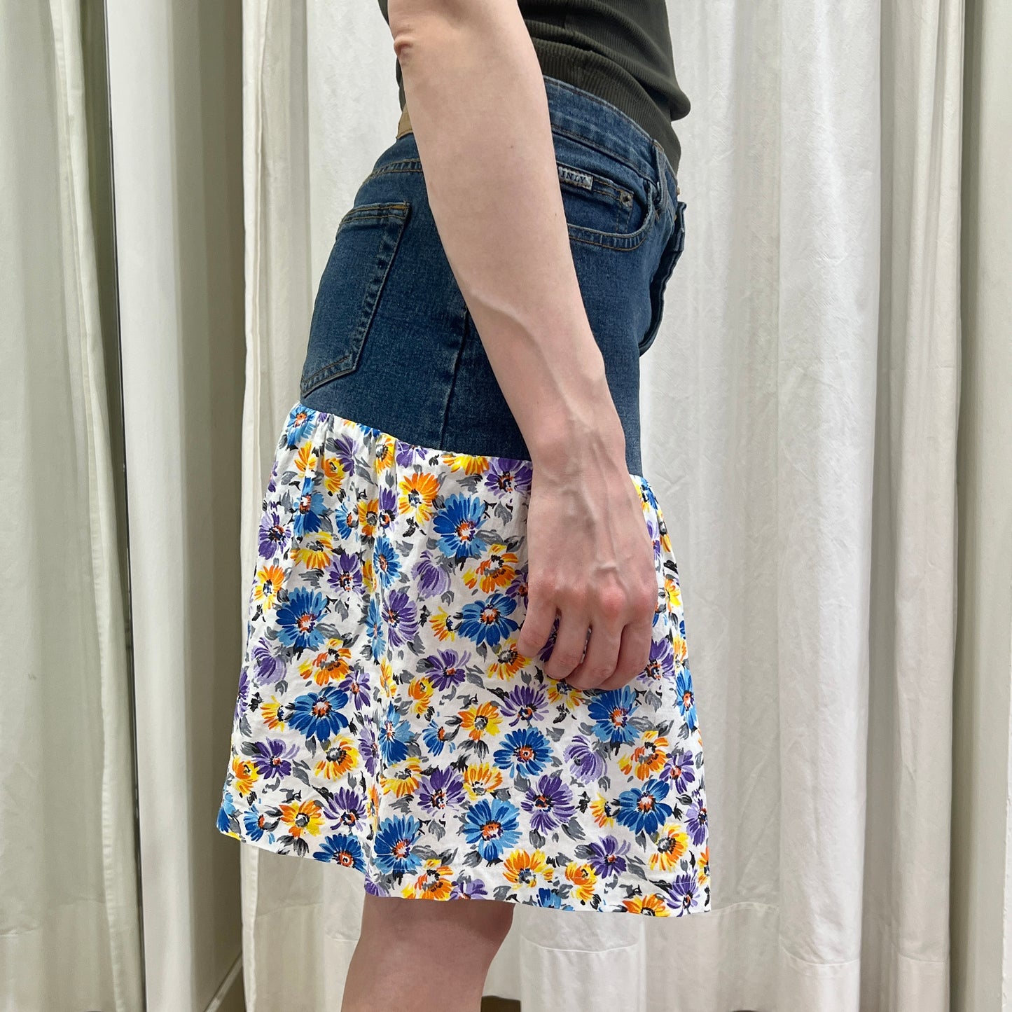 ingly 00s dark wash denim skirt with floral bottom pannel