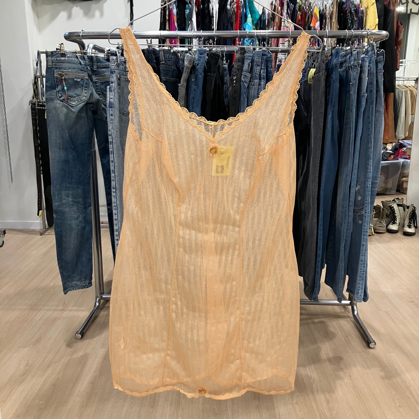 charmor 90s nude sheer pinstripe slipdress with lace trim