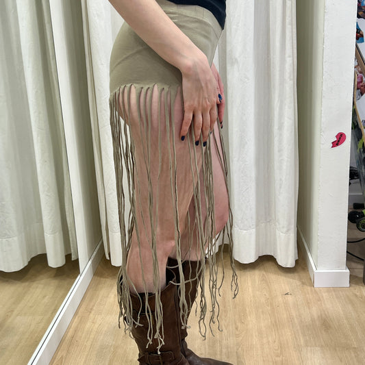 reworked tan capri leggings with fringes
