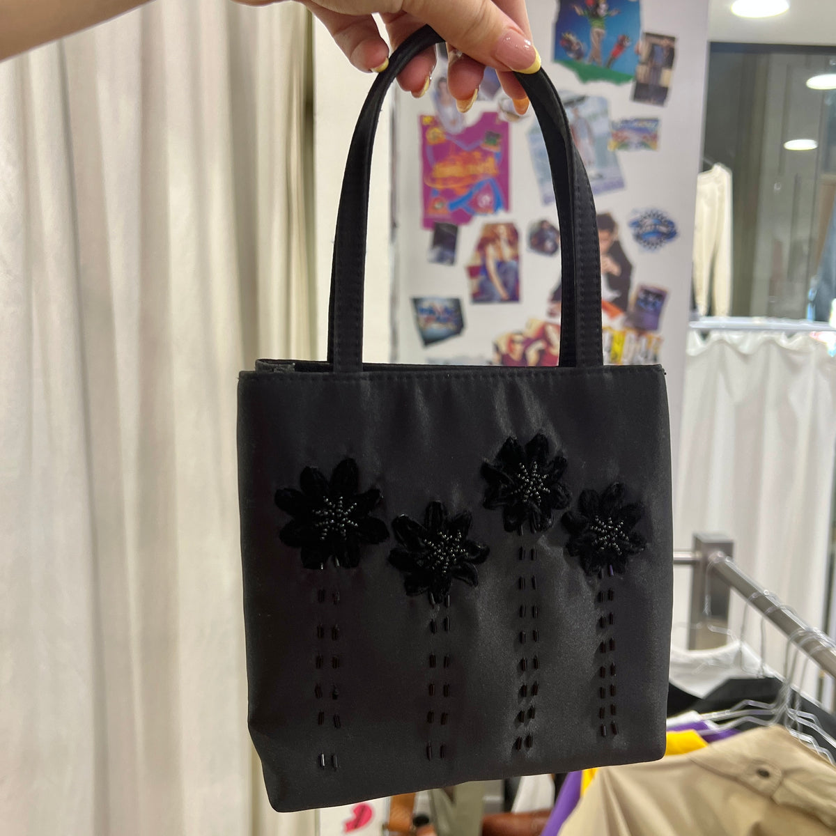00s mini black satin handbag with floral embroidery and crossbody strap