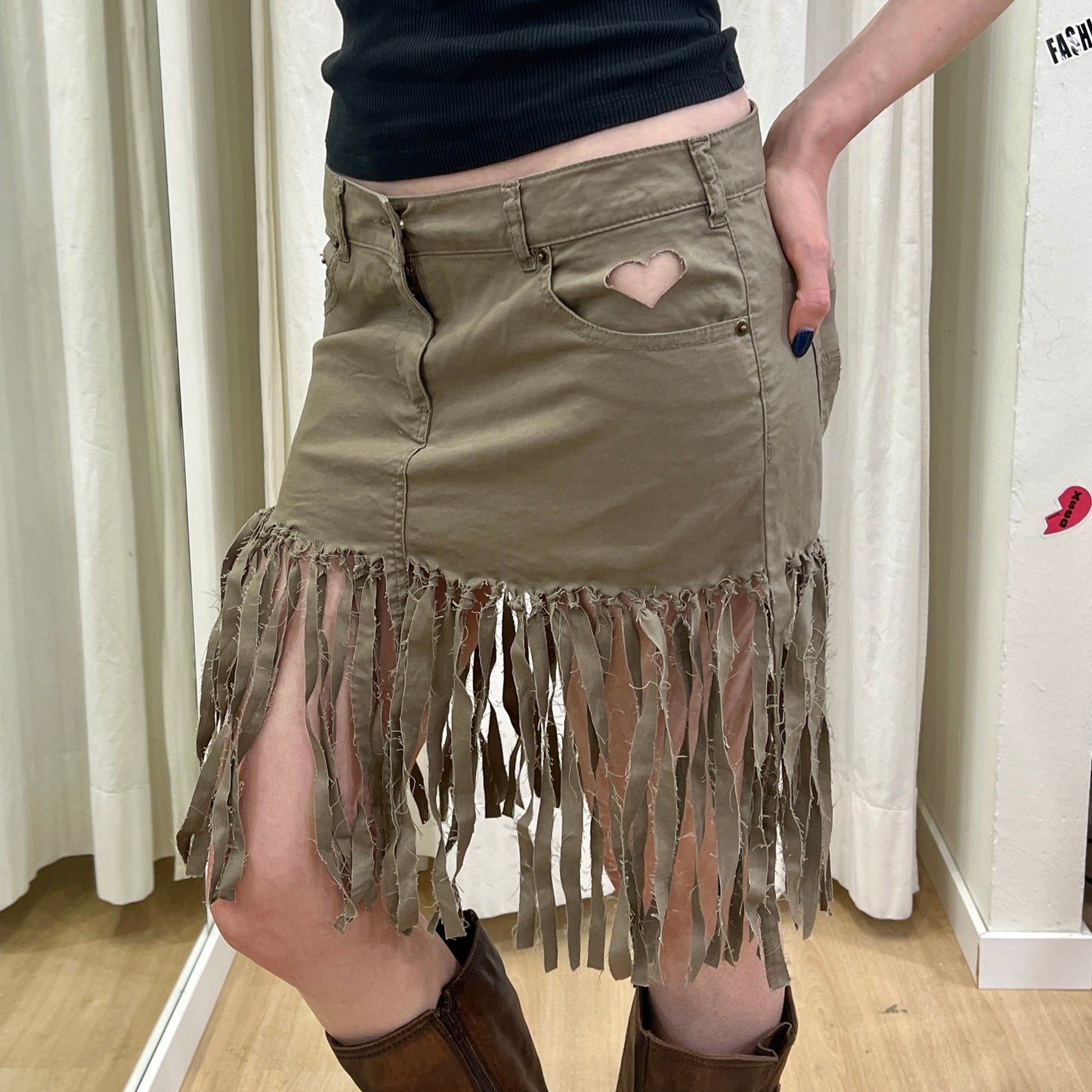 reworked brown denim midi skirt with fringes and heart cut outs