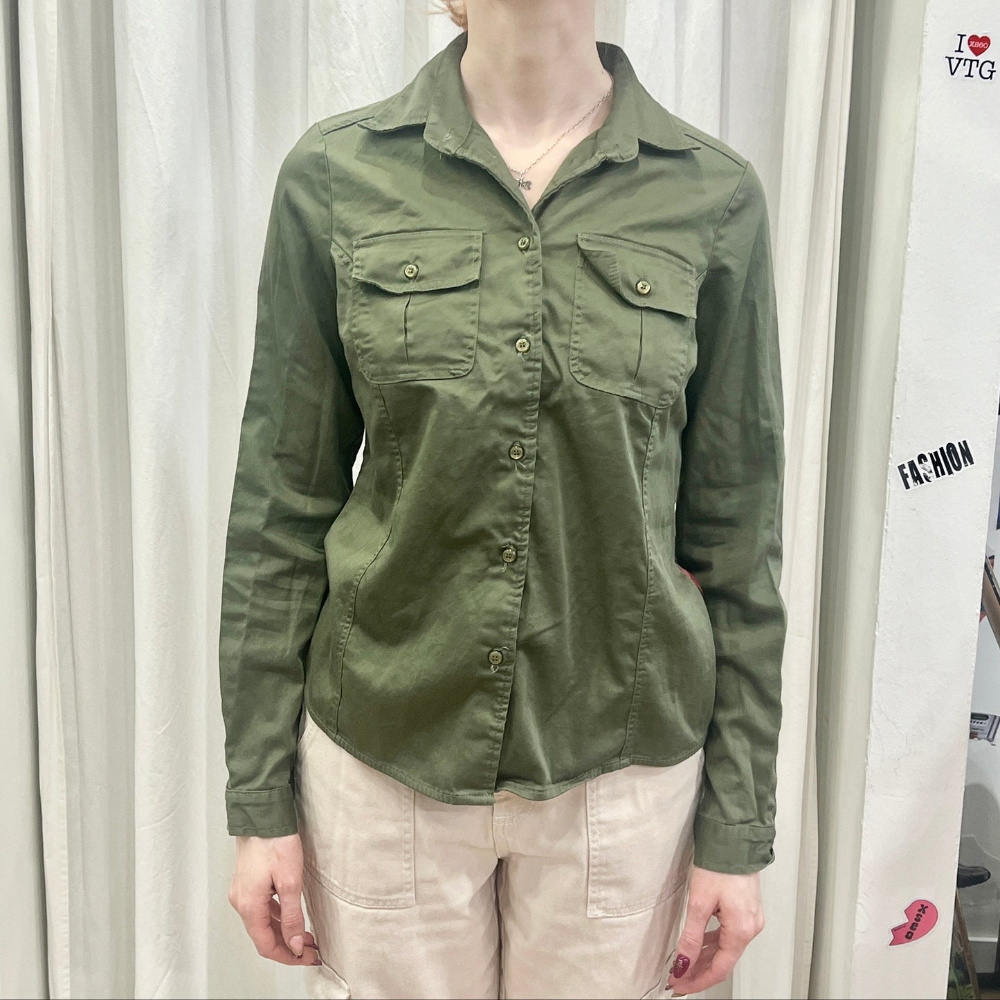 massimo rebecchi 00s army green shirt with sheer red checkprint plaid back panel