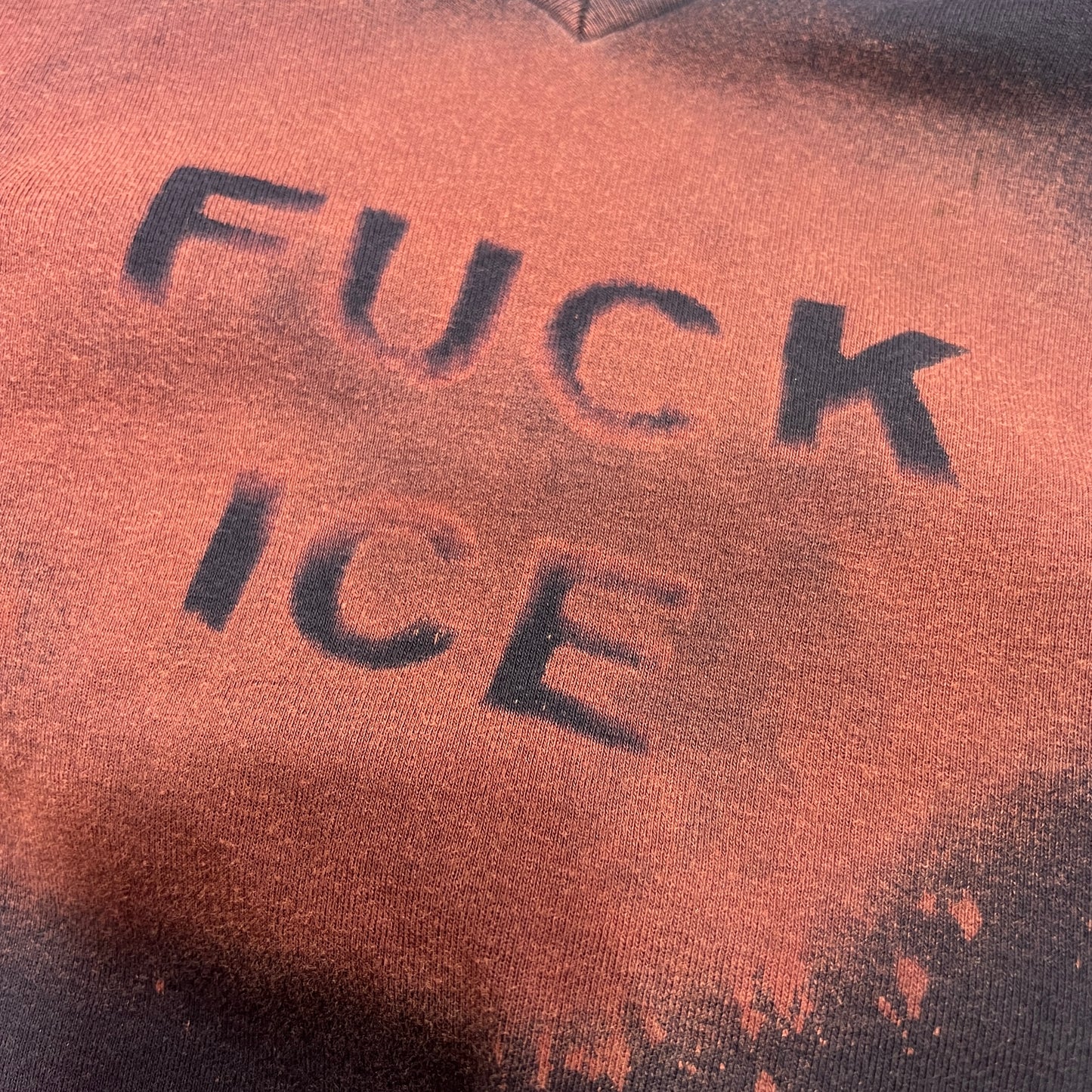 reworked navy blue v neck tshirt with FUCK ICE bleach print