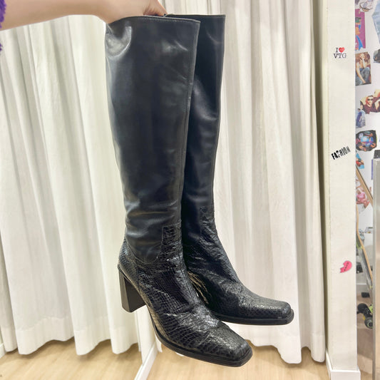 00s black snake print leather square heel knee high boots with fur lining