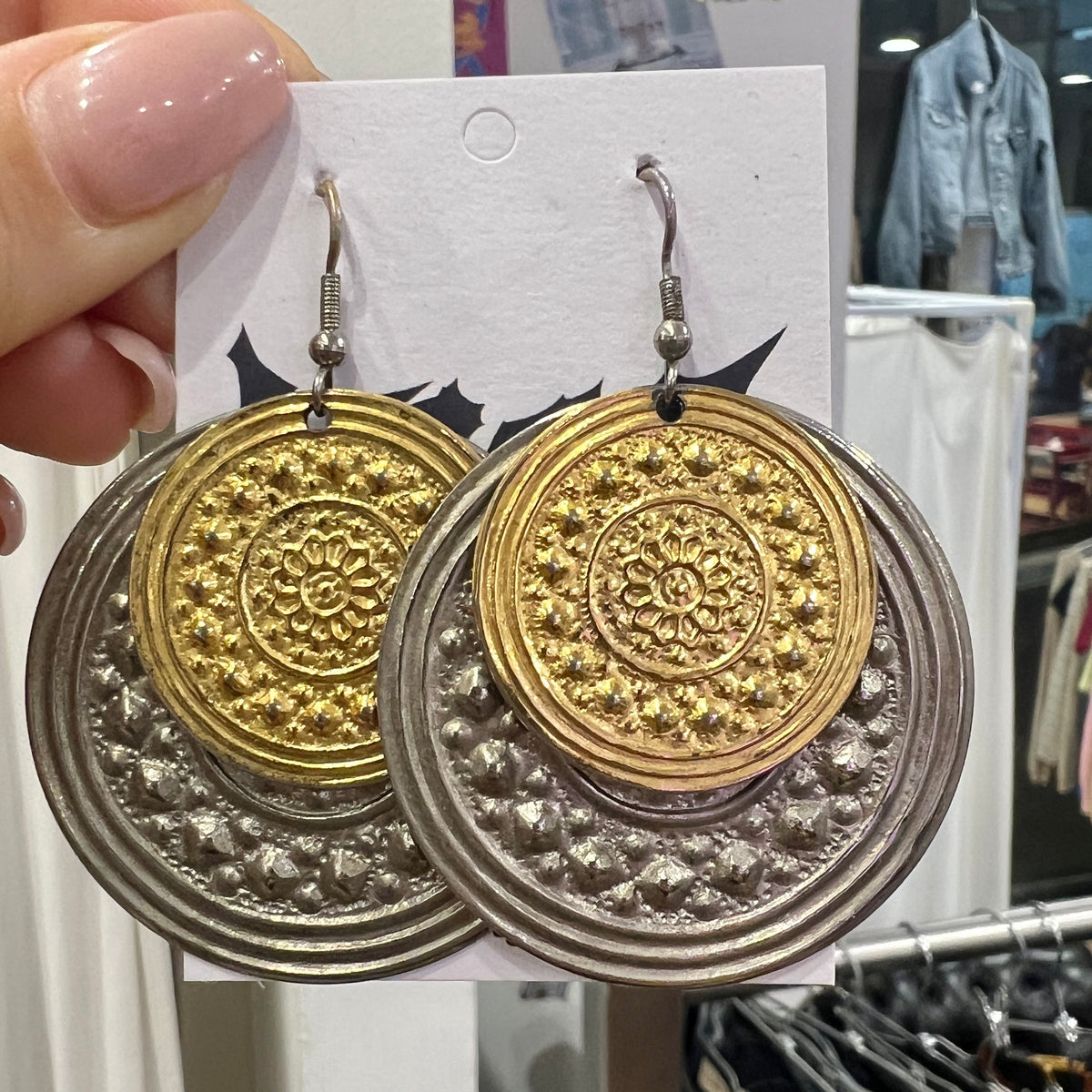 silver gold embossed medallion earrings