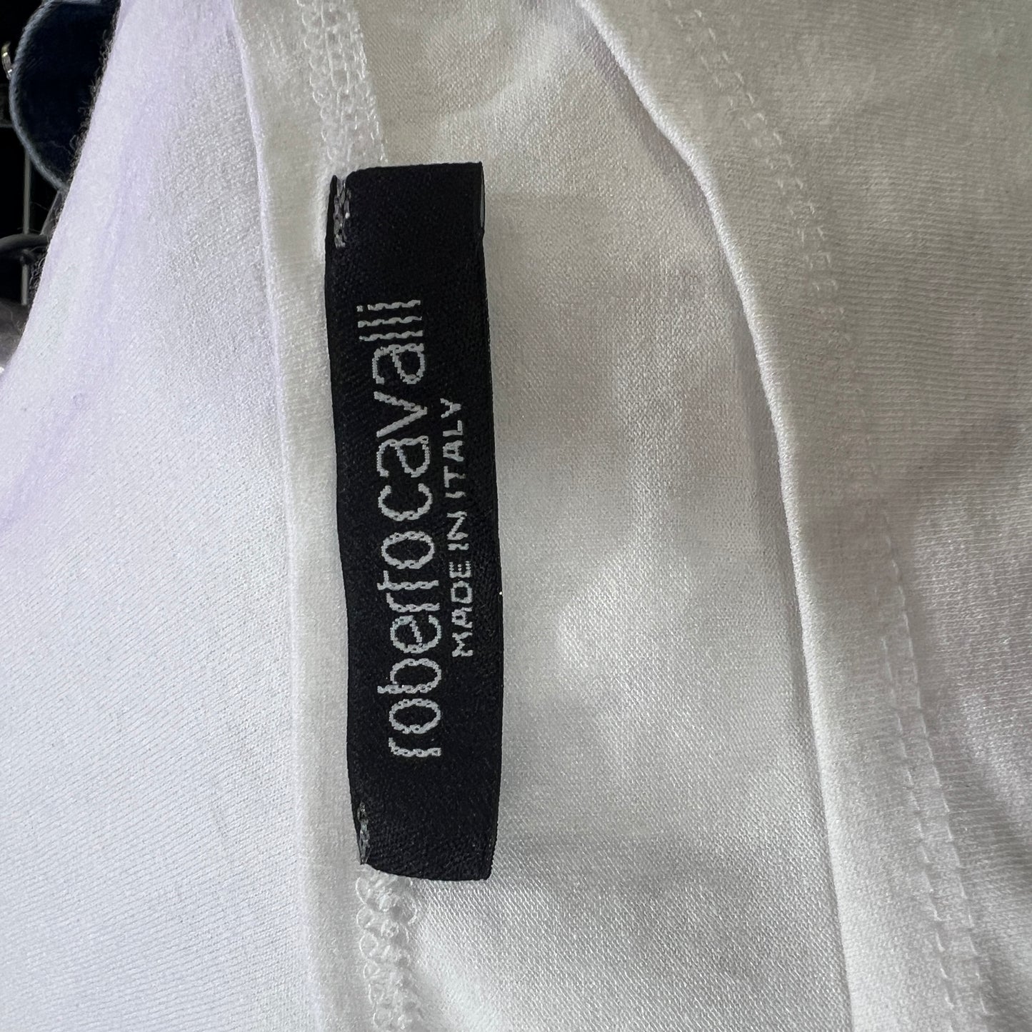 just cavalli 00s white side tie tank top with silver rhynestone logo