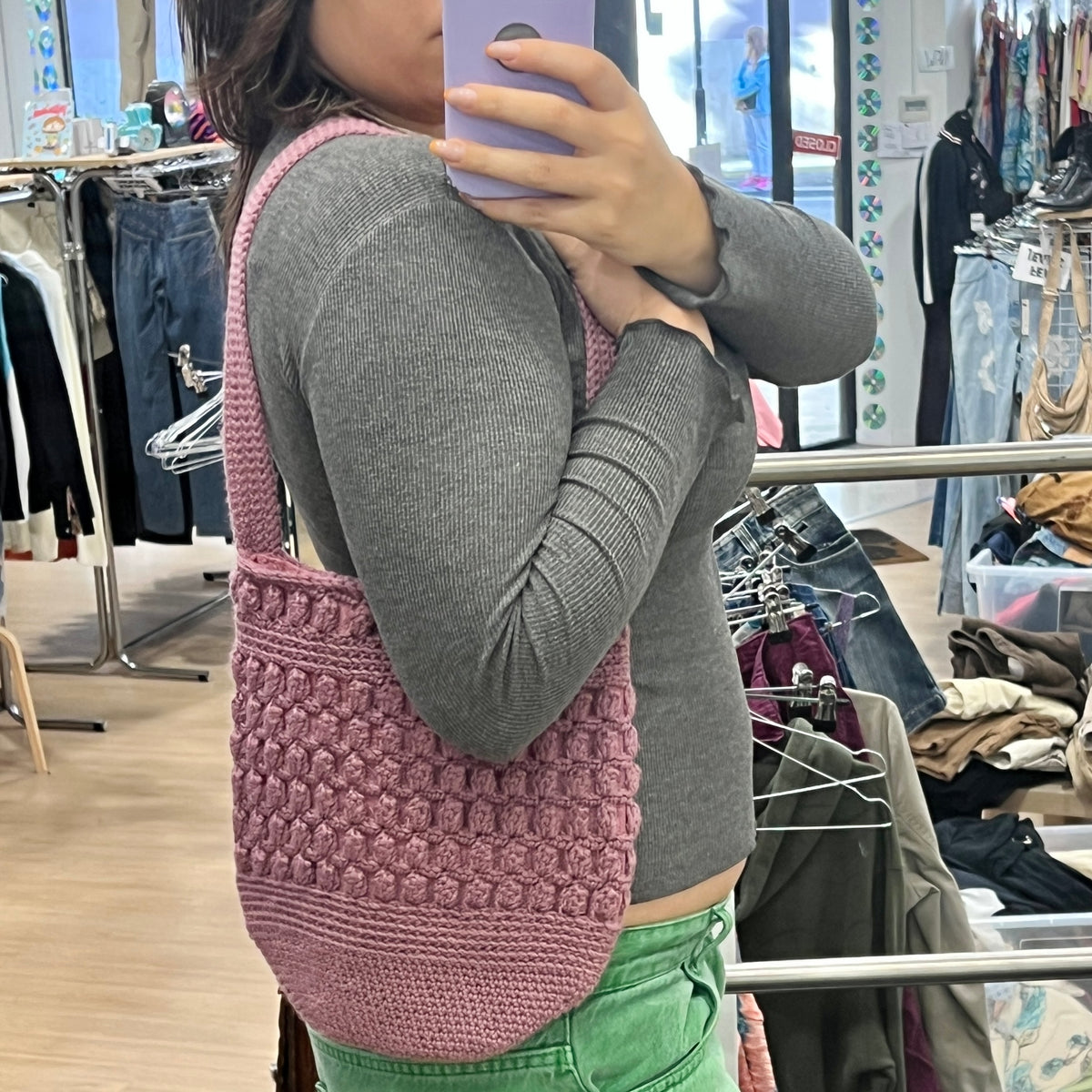 lilac purple knit wool shoulder bag with felt lining