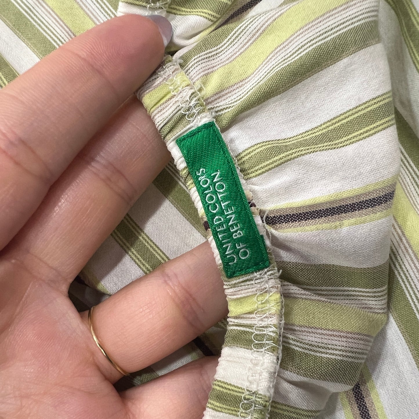 benetton 00s green white striped off the shoulder shirt