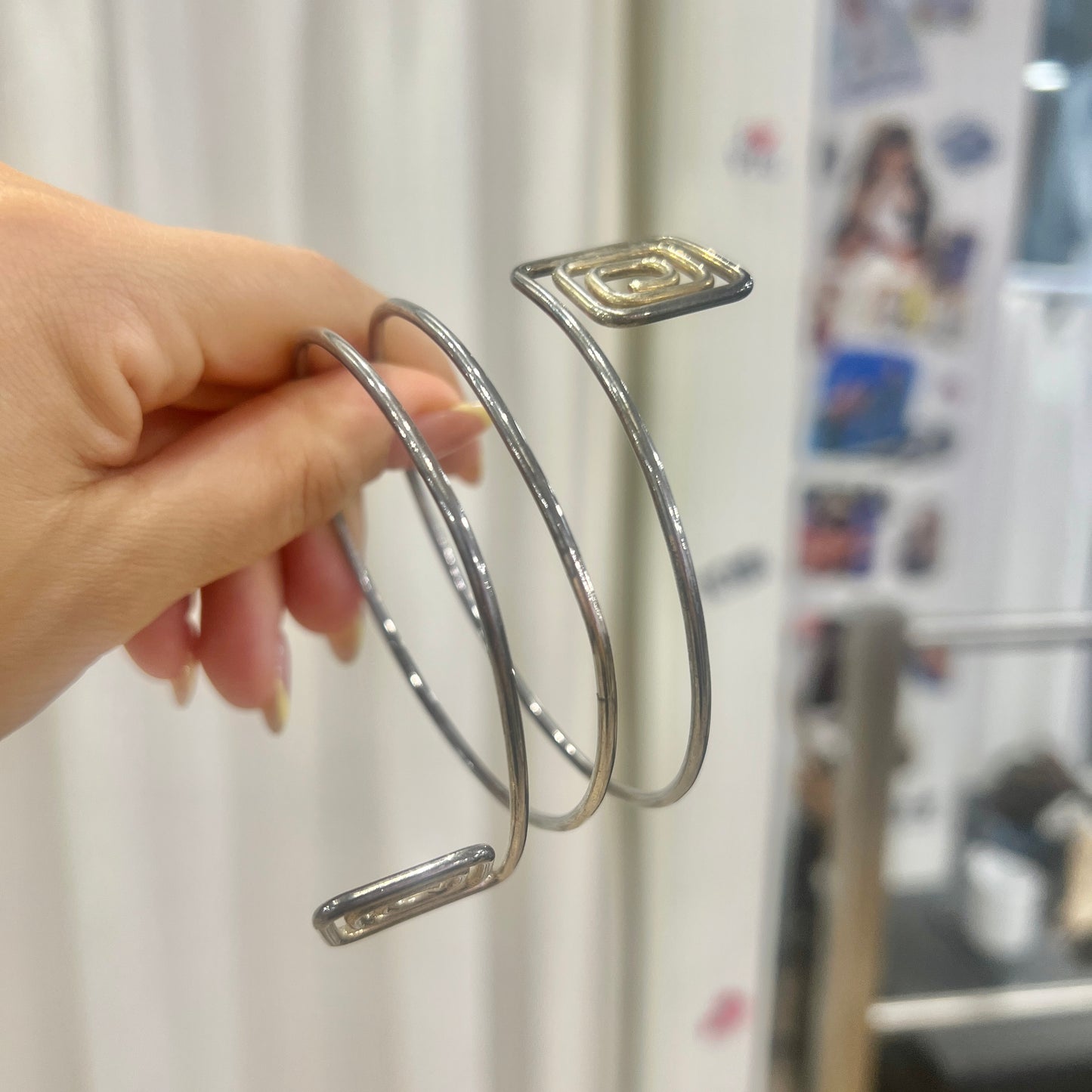 silver wire cuff bracelet with square spirals