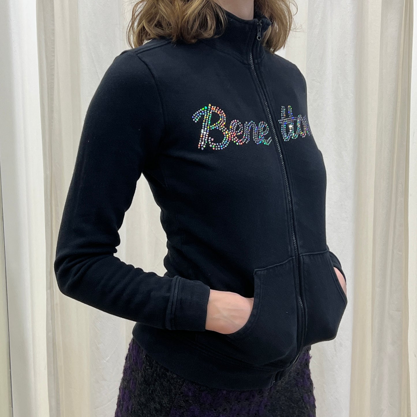 benetton 00s black zip up sweatshirt with holo glitter