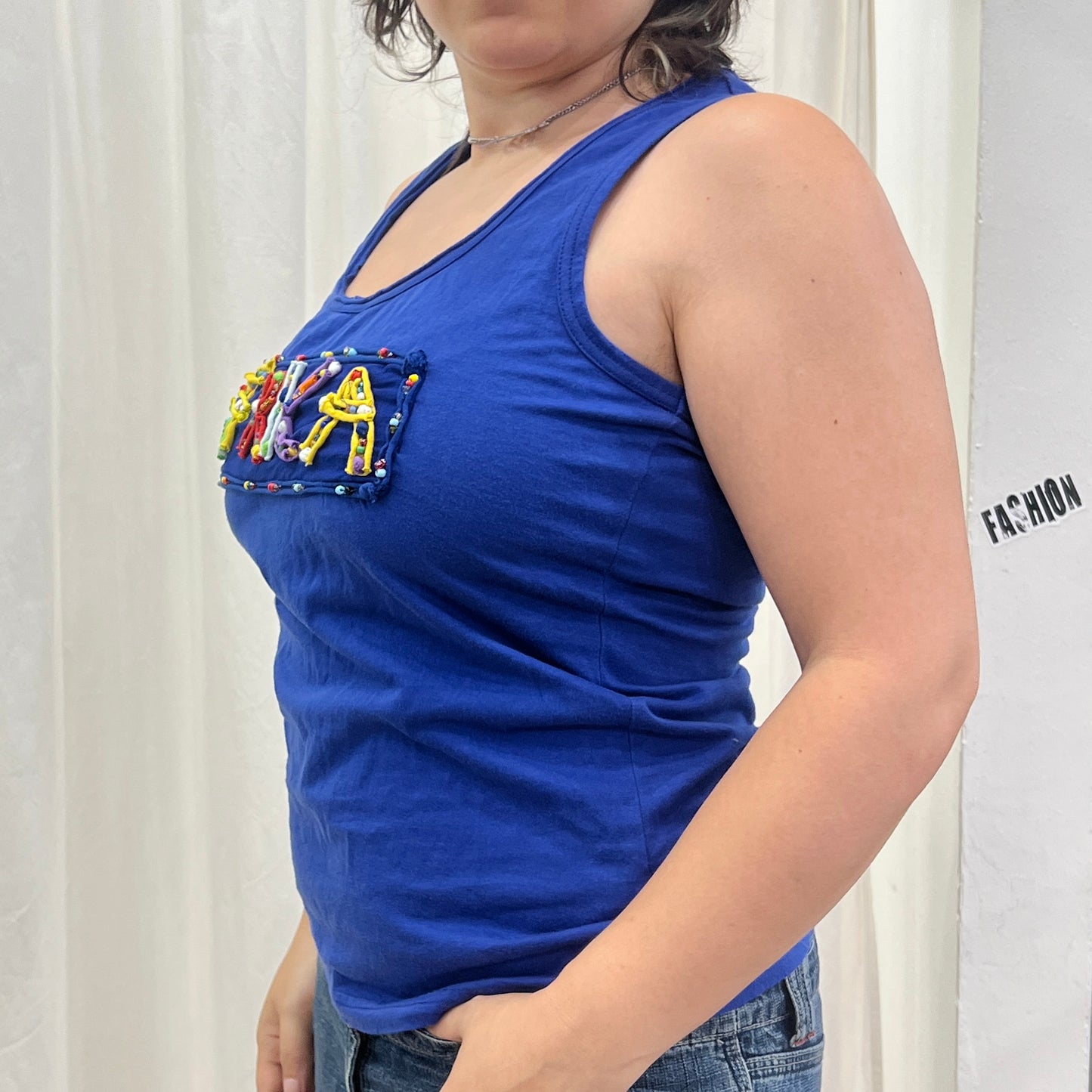 00s blue tank top with multicolor beaded africa patch
