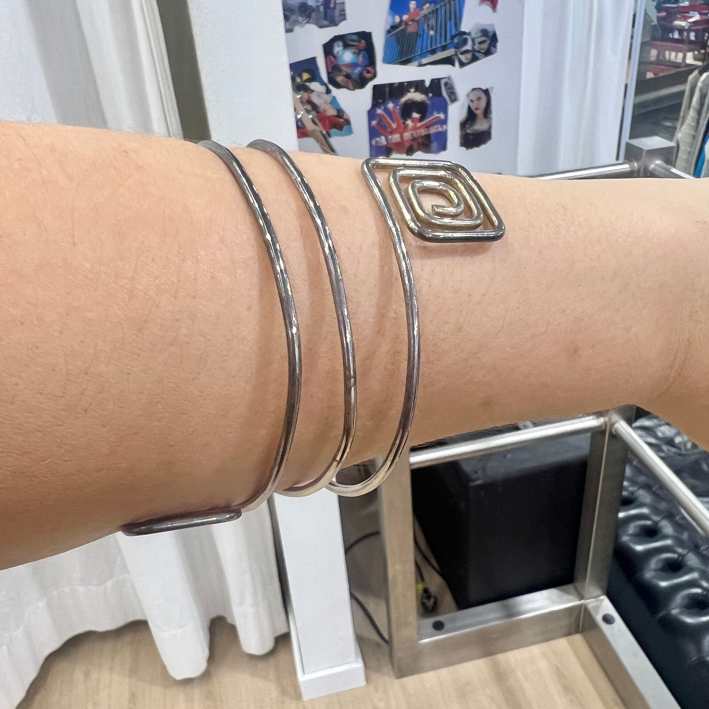 silver wire cuff bracelet with square spirals