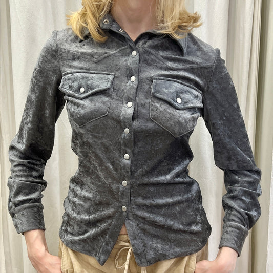 iron g 00s grey velour button up shirt