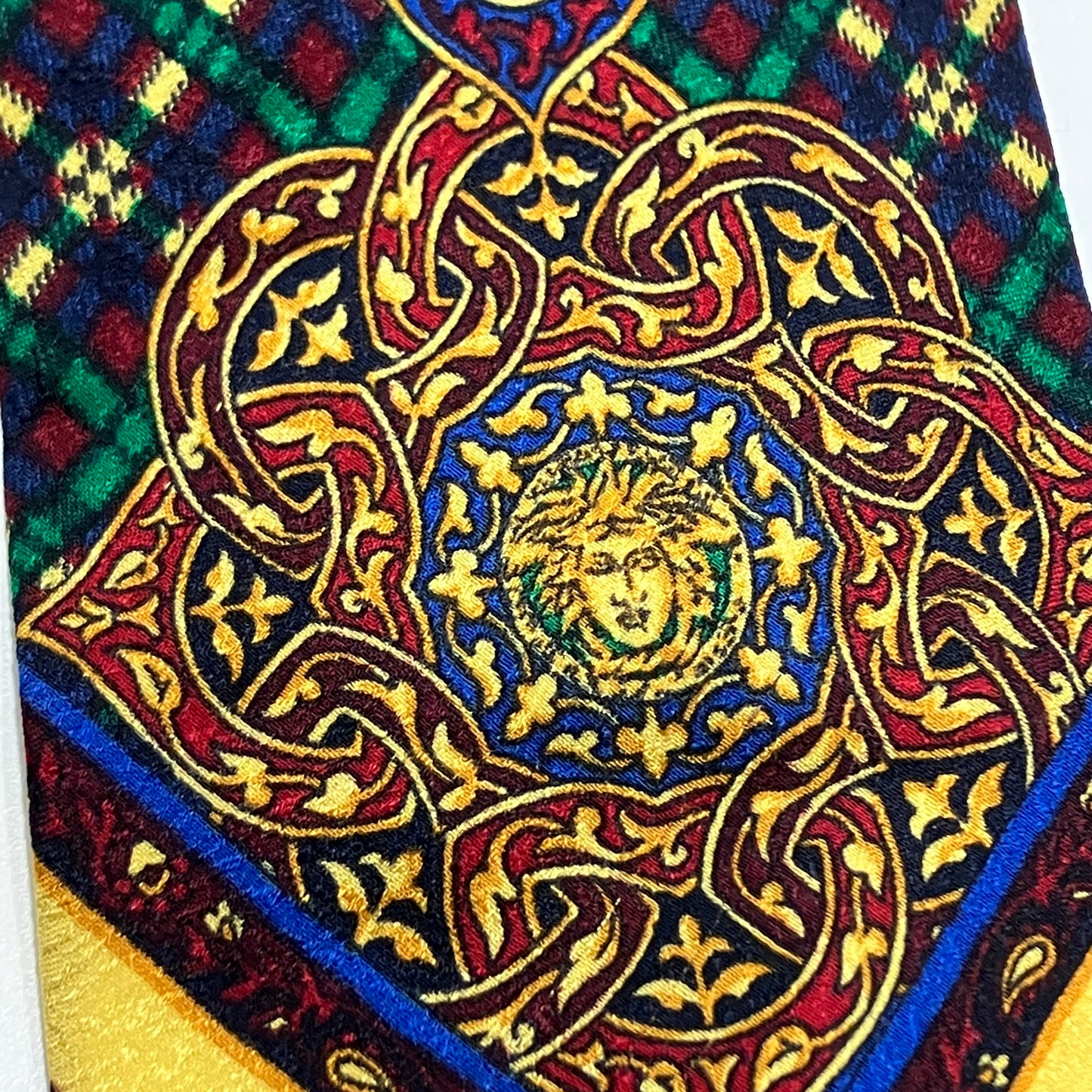 gianni versace 90s multicolor silk tie with geometric medusa print