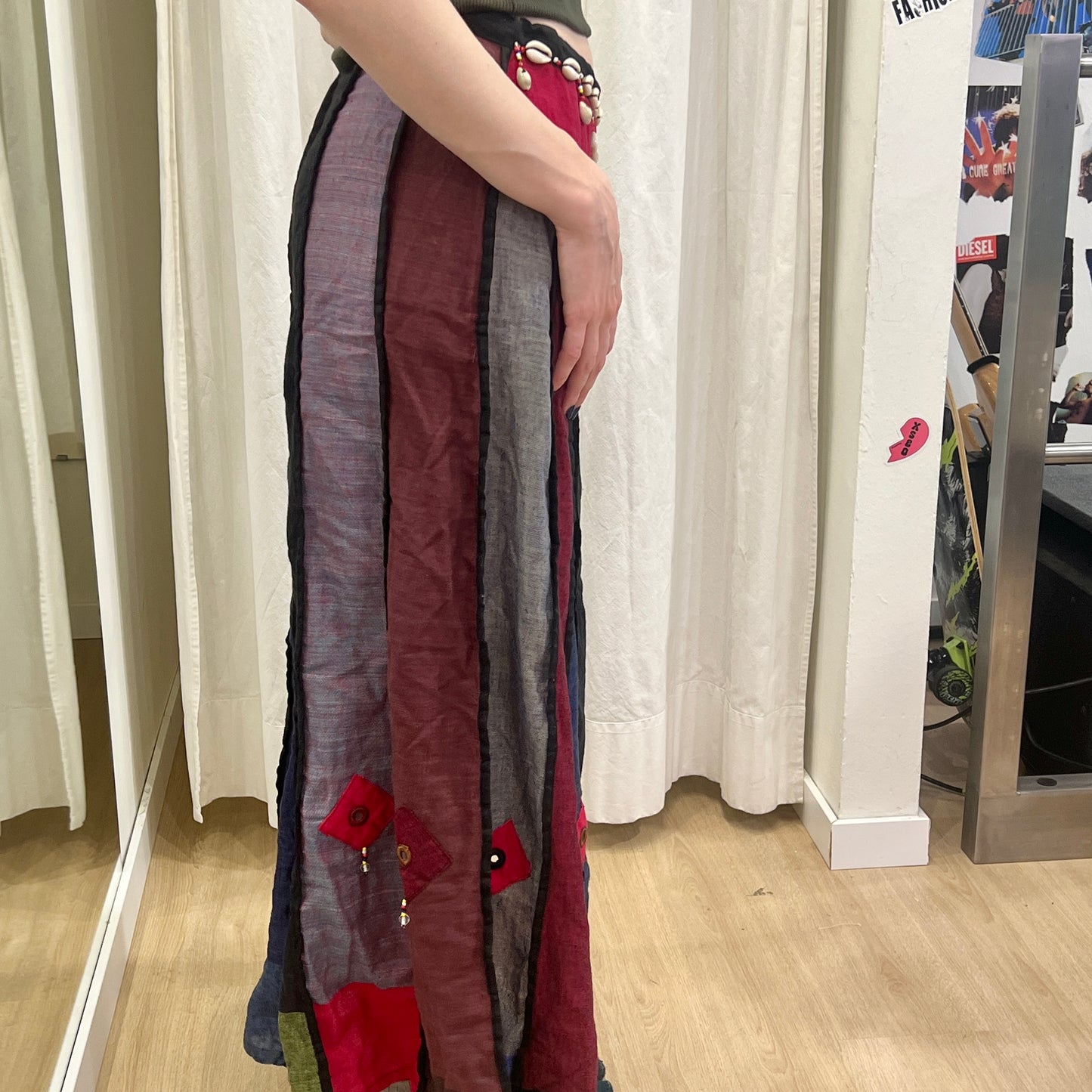 contro corrente 00s red blue hippie maxi skirt with cowrie shell belt